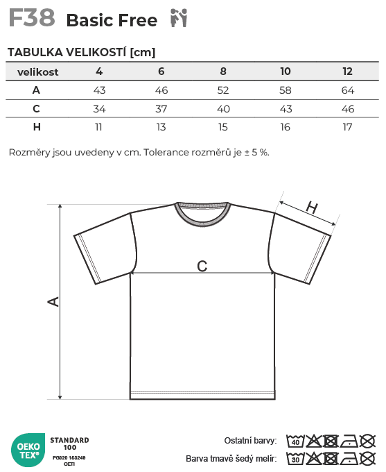 F38 Basic Free tričko dětské Tabulka velikostí
